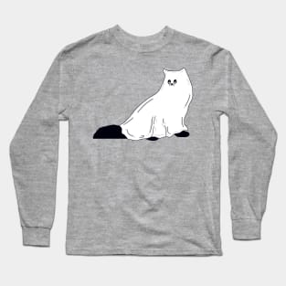 Fluffy Ghost Cat With Pumpkin Orange Background Long Sleeve T-Shirt